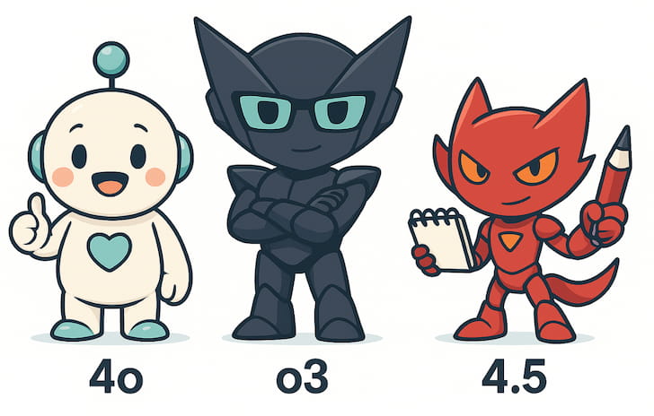 ChatGPTの各モデルの特徴を示したイラスト(4o:共感的・親しみやすい、o3:論理的・構造的、4.5:コピーライティング特化)