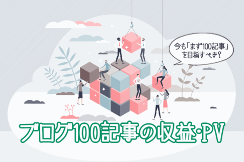 ブログ100記事の収益・PVと「今もまず100記事を目指すべき?」という疑問を表したアイキャッチ画像